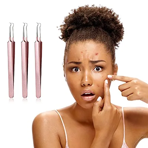 3 Pieces Blackhead Tweezers Acne Blemish Stainless Steel Blemish Extractor Tool for Remove Blackhead Acne Whitehead Pimple Bend Curved Tweezer Skin Blackhead Remover Tools (Champagne Purple)