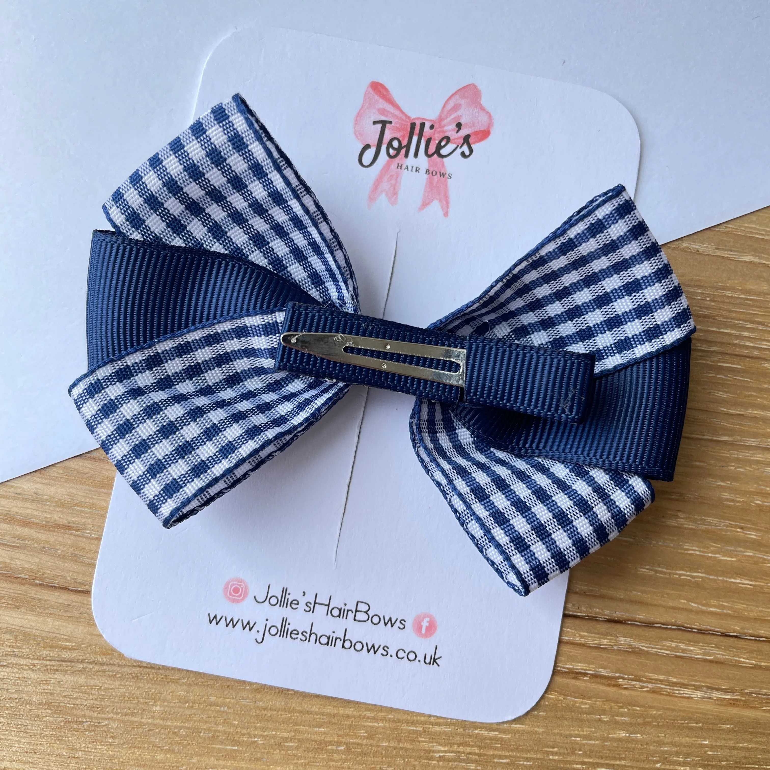 3.5inch Bow with Clip - Navy Gingham