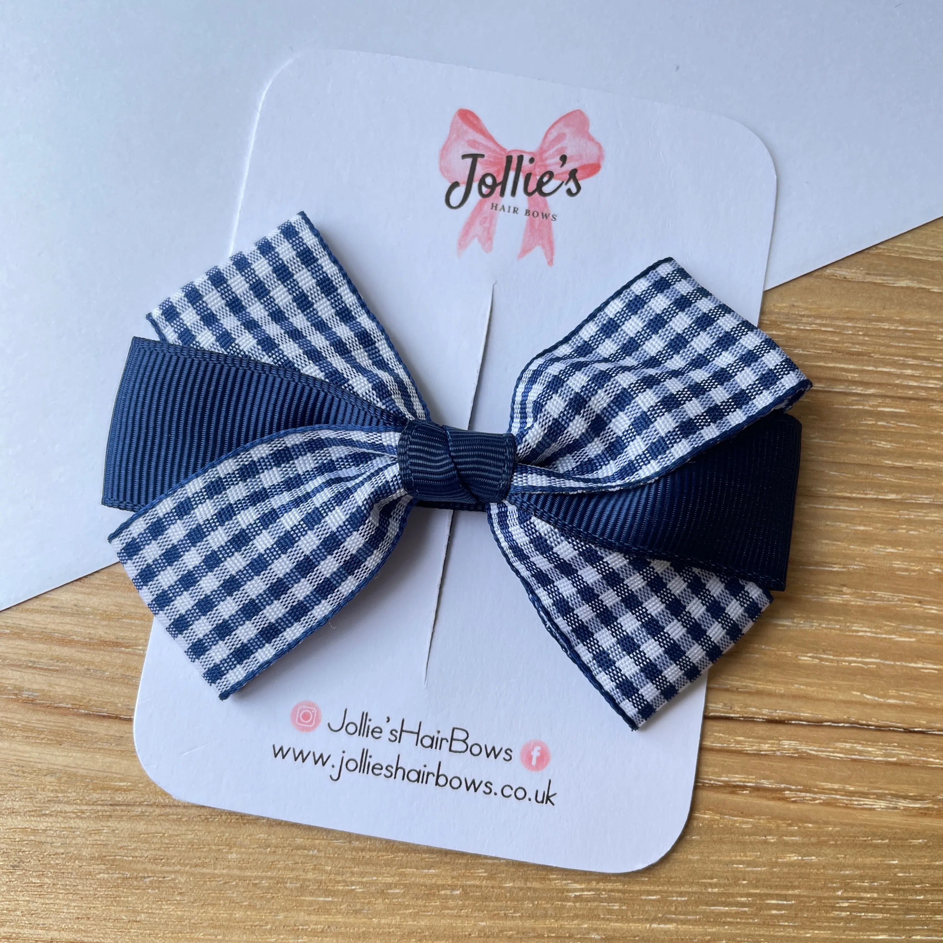 3.5inch Bow with Clip - Navy Gingham