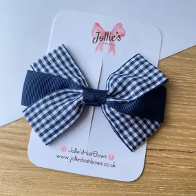 3.5inch Bow with Clip - Navy Gingham