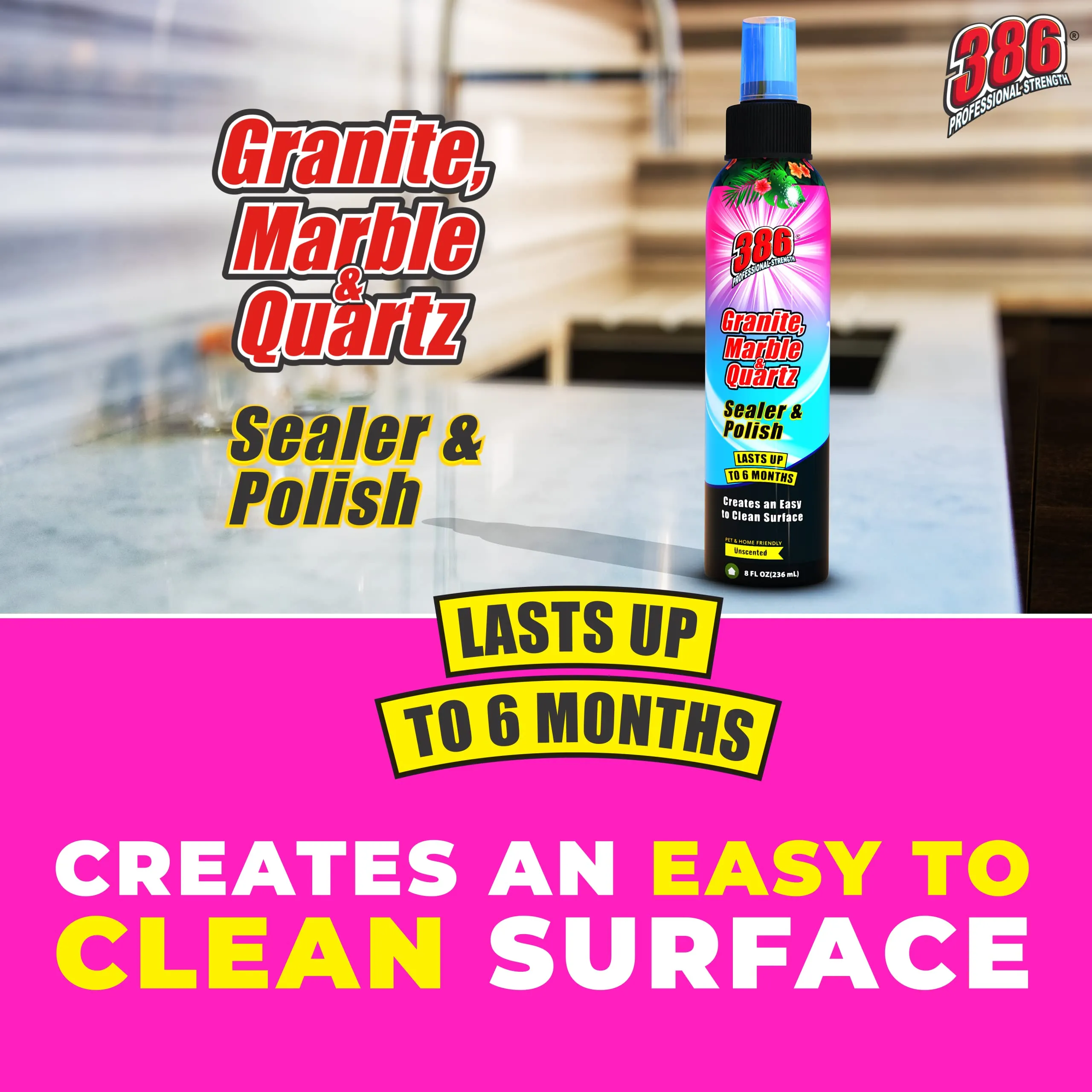 386 Professional Granite Sealer and Polish – Multipurpose Granite, Quartz, Travertine, Marble Sealer and Polish for Kitchen Countertops and Bathrooms – Includes 300 GSM Microfiber Applicator Cloth