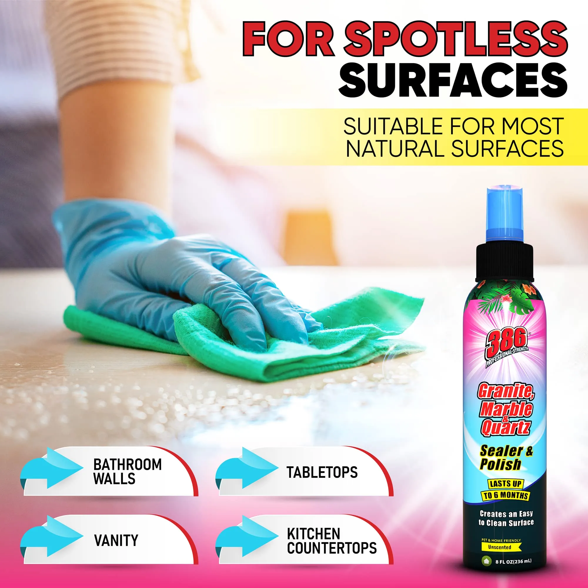 386 Professional Granite Sealer and Polish – Multipurpose Granite, Quartz, Travertine, Marble Sealer and Polish for Kitchen Countertops and Bathrooms – Includes 300 GSM Microfiber Applicator Cloth