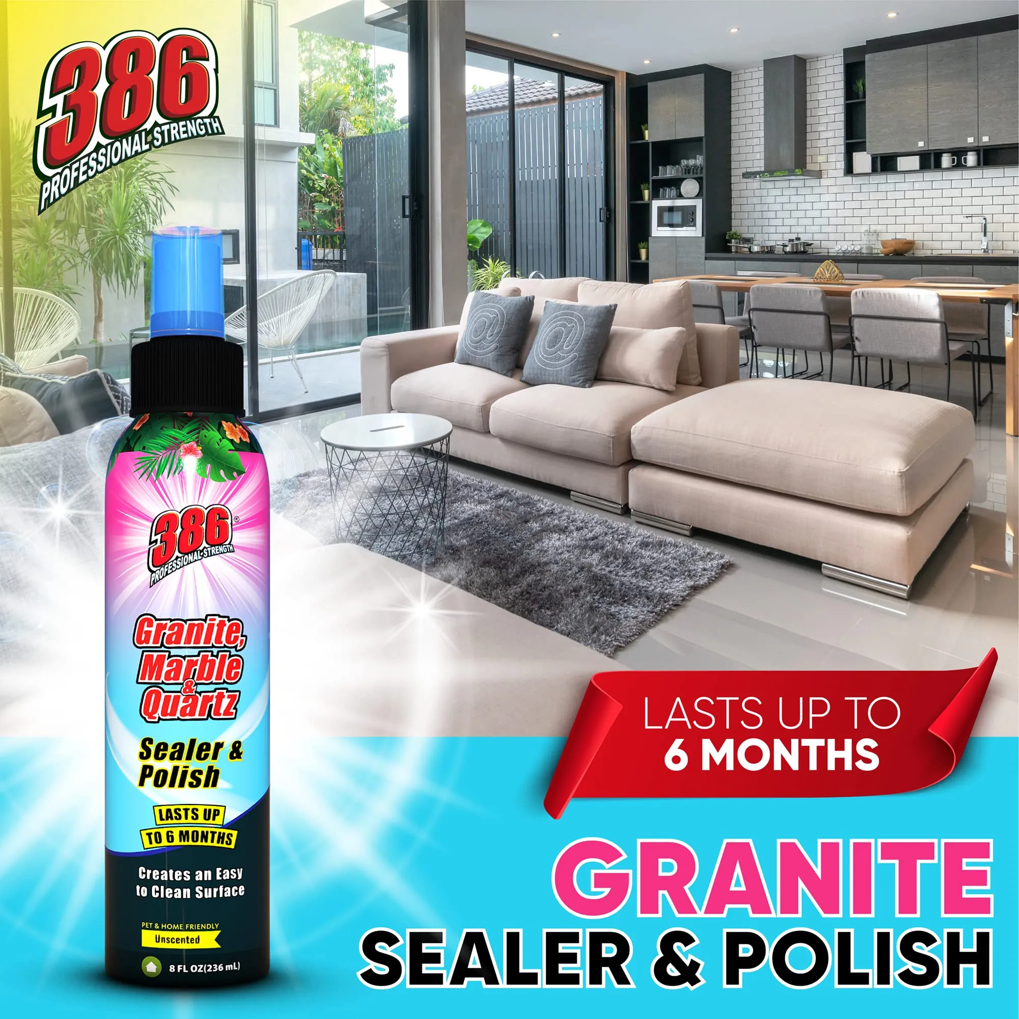 386 Professional Granite Sealer and Polish – Multipurpose Granite, Quartz, Travertine, Marble Sealer and Polish for Kitchen Countertops and Bathrooms – Includes 300 GSM Microfiber Applicator Cloth