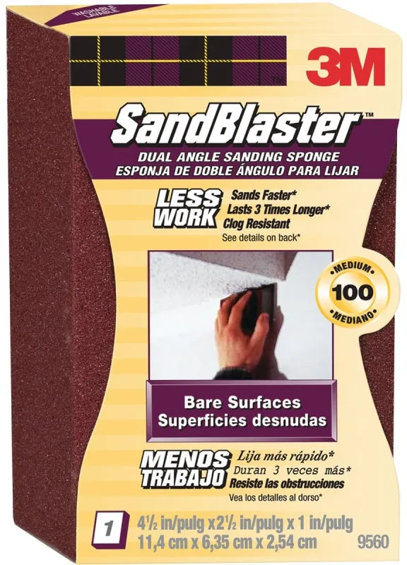 3M SandBlaster 9560 Sanding Sponge, 4-1/2 in L, 2-1/2 in W, 100 Grit, Medium, Aluminum Oxide Abrasive :EA: QUANTITY: 1
