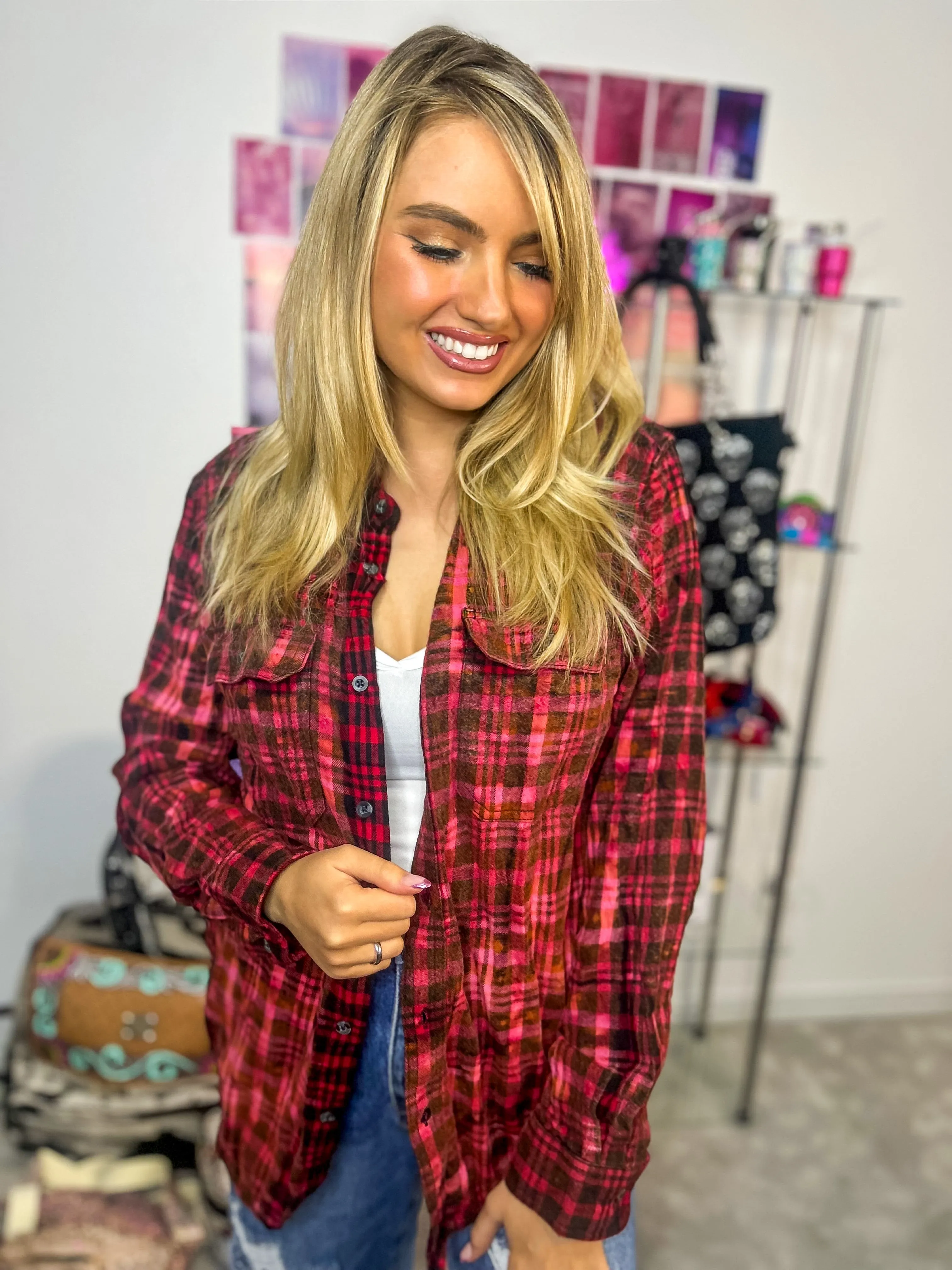 Believe Bleached Washed Plaid Top - Red Mix