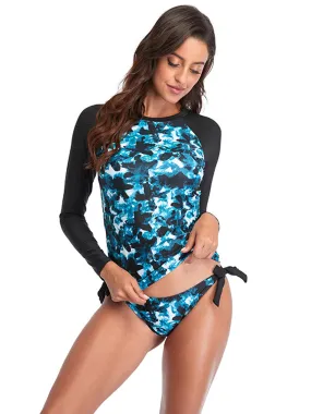 Floral Print Split Pullover Long Sleeve UPF50  Rash Guard