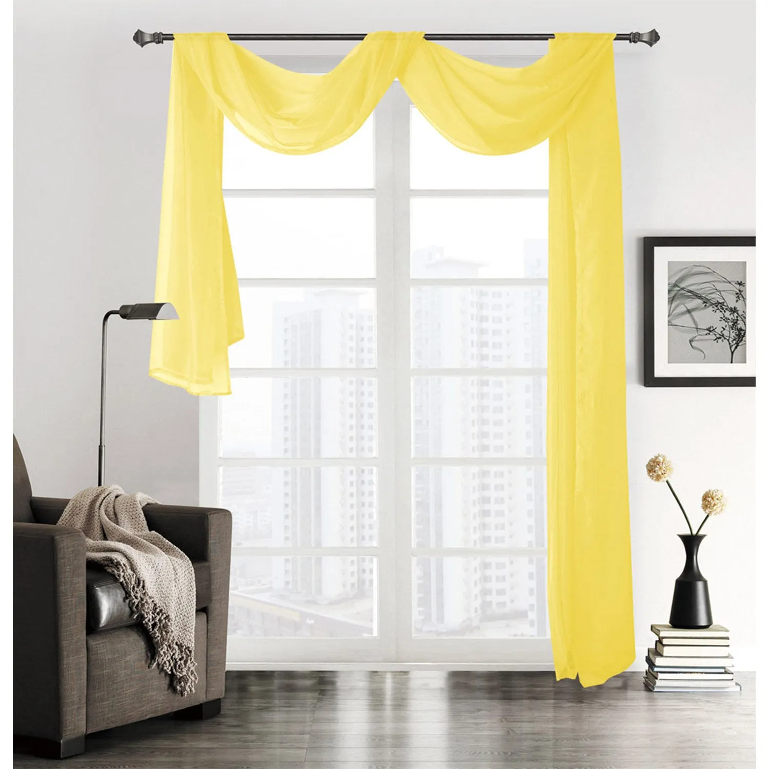 Linda Voile Sheer Solid Window Scarf, Bright Yellow, 55x216 Inches