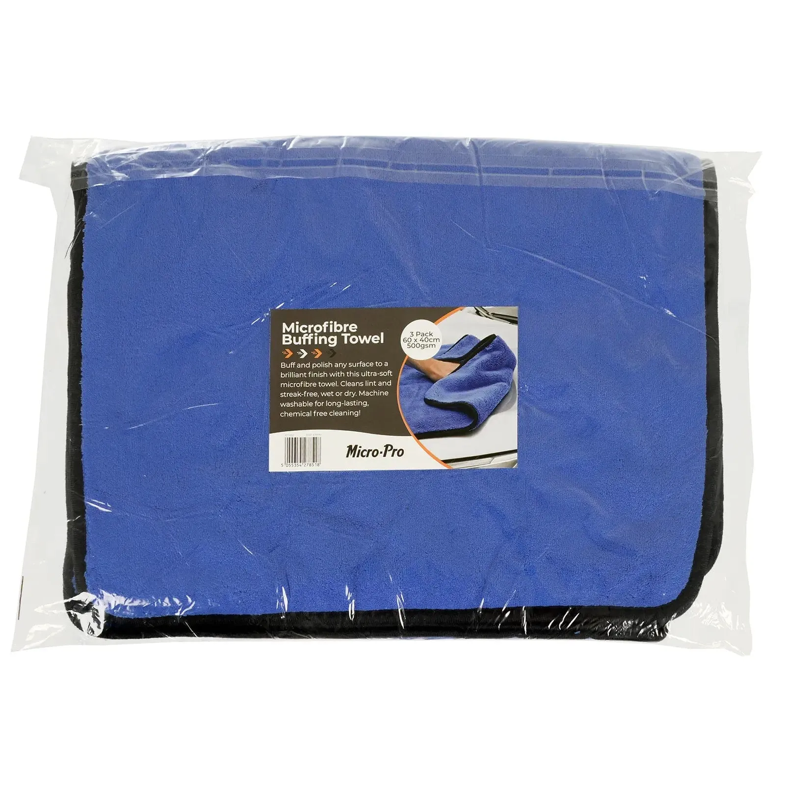 Pack of 3 Micro-Pro Microfibre Buffing Towels Car Detailing Blue 60 x 40cm