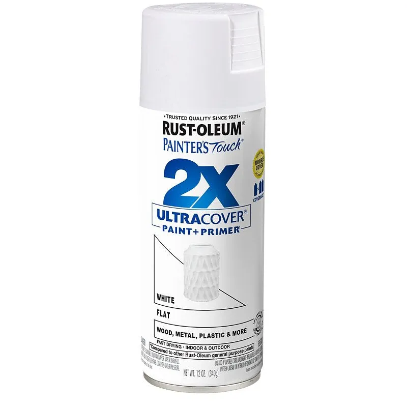 Rust-Oleum Painter's Touch 2X Ultra Cover 334021 Spray Paint, Flat, White, 12 oz, Aerosol Can :CAN: QUANTITY: 1