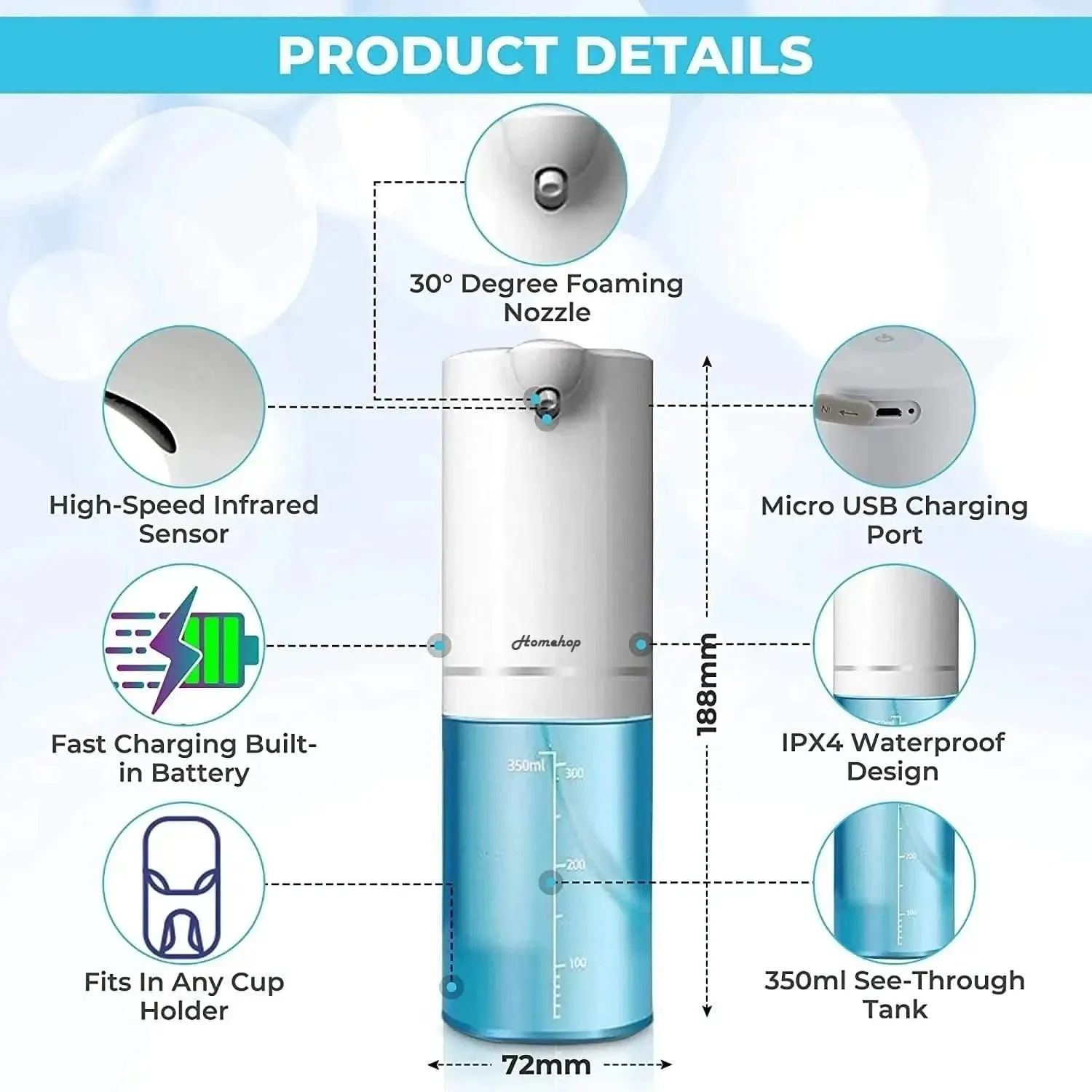 USB Rechargeable Automatic Sensor Liquid Hand Wash Foam Soap Dispenser 350ml