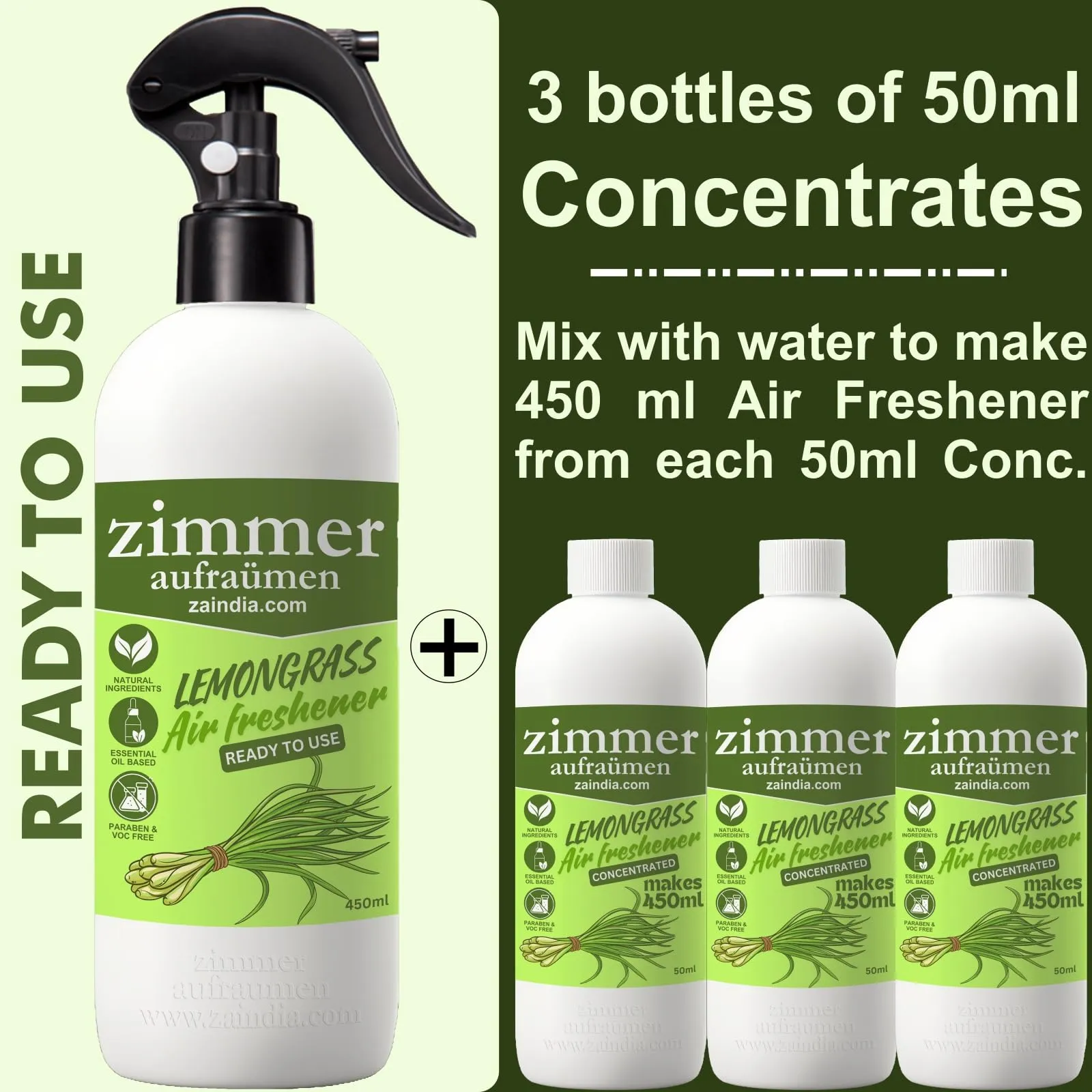 Zimmer Aufraumen- Room Air Freashener, Lemongrass, (Ready Spray) - 450 ML   3 Concentrates for making 3X450 ML Room Freshener