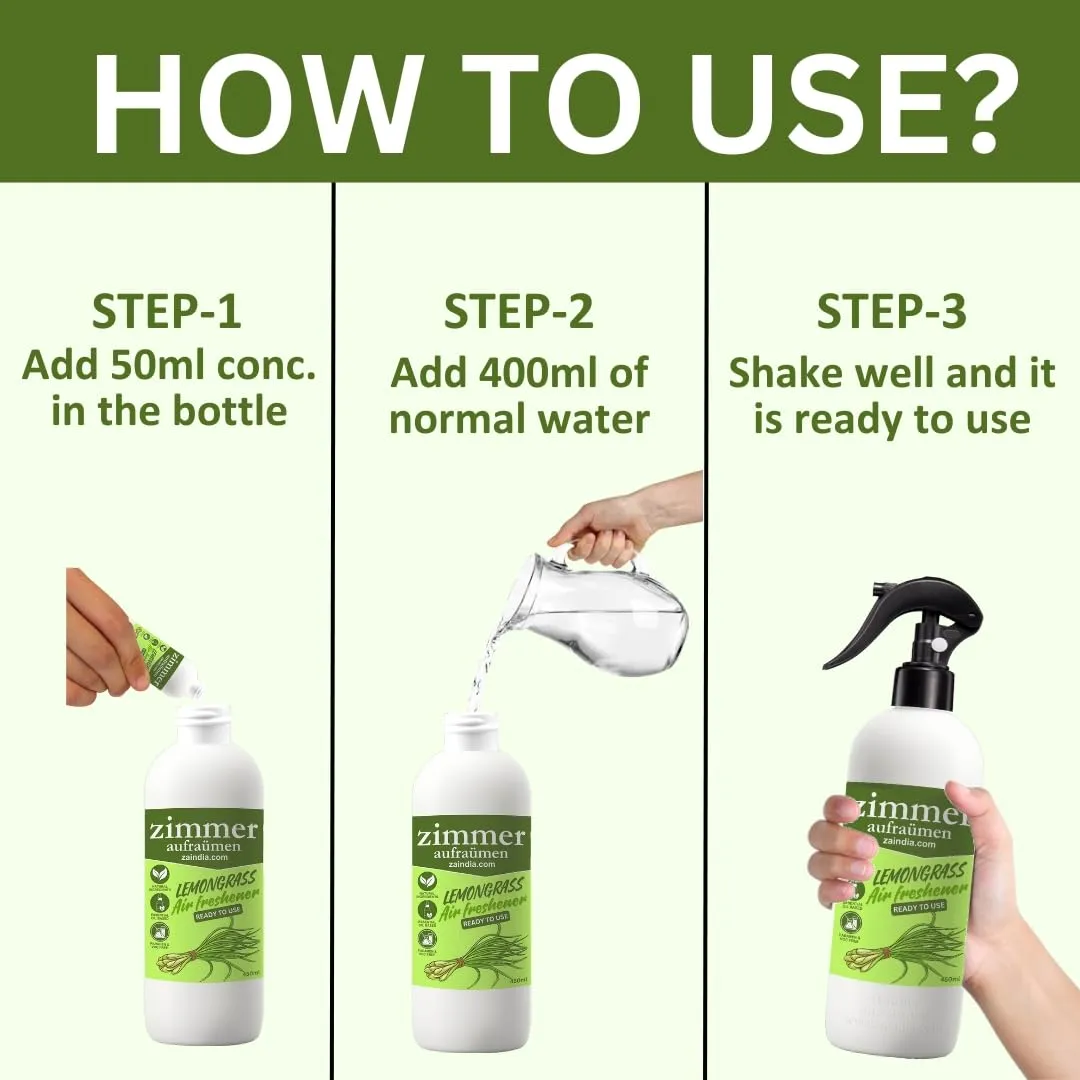 Zimmer Aufraumen- Room Air Freashener, Lemongrass, (Ready Spray) - 450 ML   3 Concentrates for making 3X450 ML Room Freshener